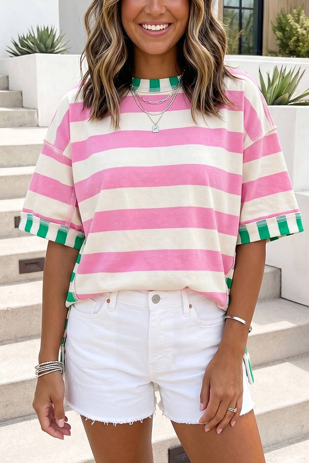 LDC Striped Exposed Seam Contrast Patchwork Oversized Top