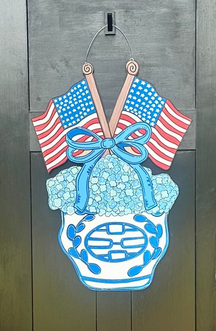 Double American Flag Hydrangeas in Chinoiserie Pot