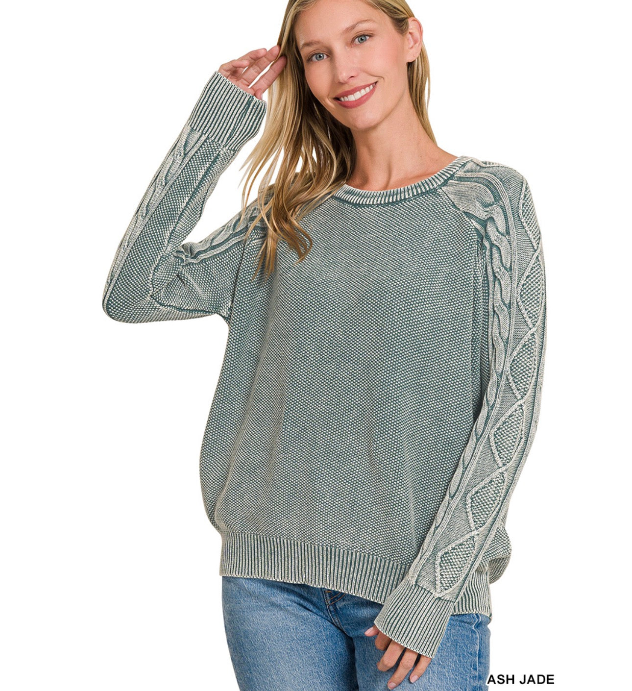 STONE WASHED CABLE-SLEEVE CREWNECK SWEATER