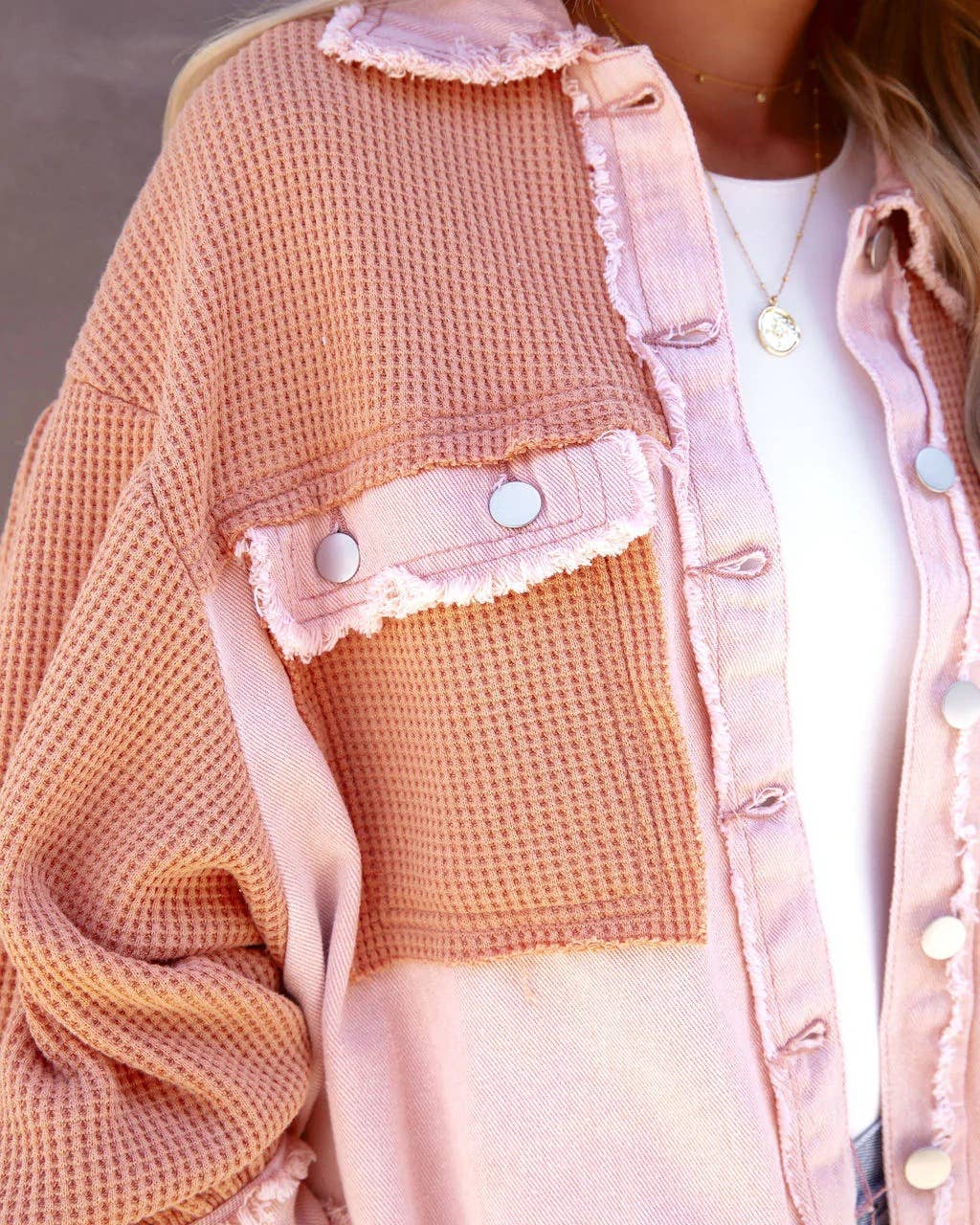 Long-sleeved patchwork waffle washed brushed coat