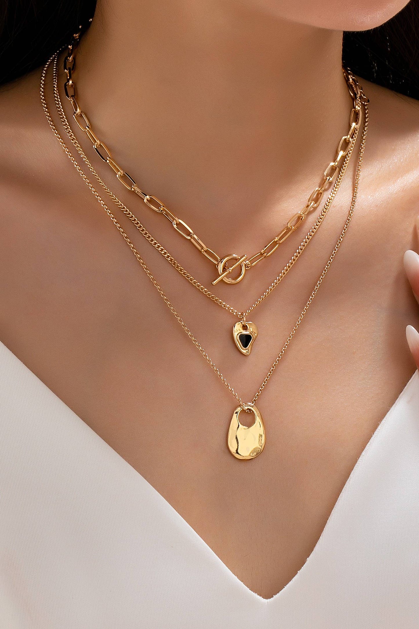 Multi-Layered Heart & Organic Drop Toggle Necklace