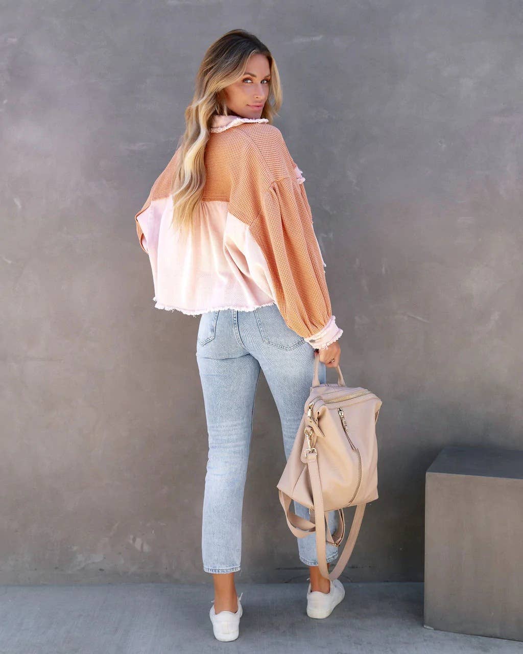 Long-sleeved patchwork waffle washed brushed coat