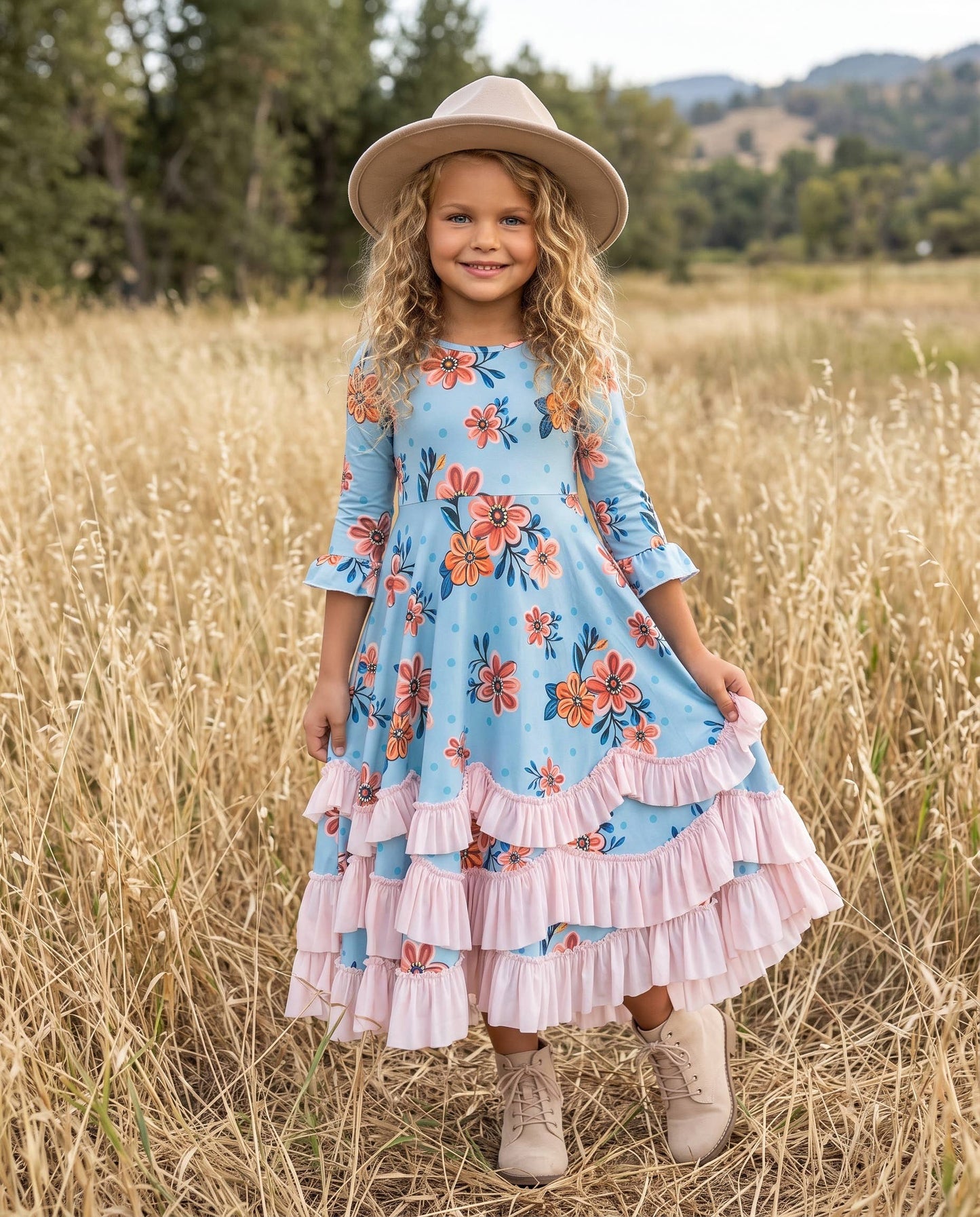 Girls Bella Blue & Blush Winter Garden Twirl Ruffles Dress