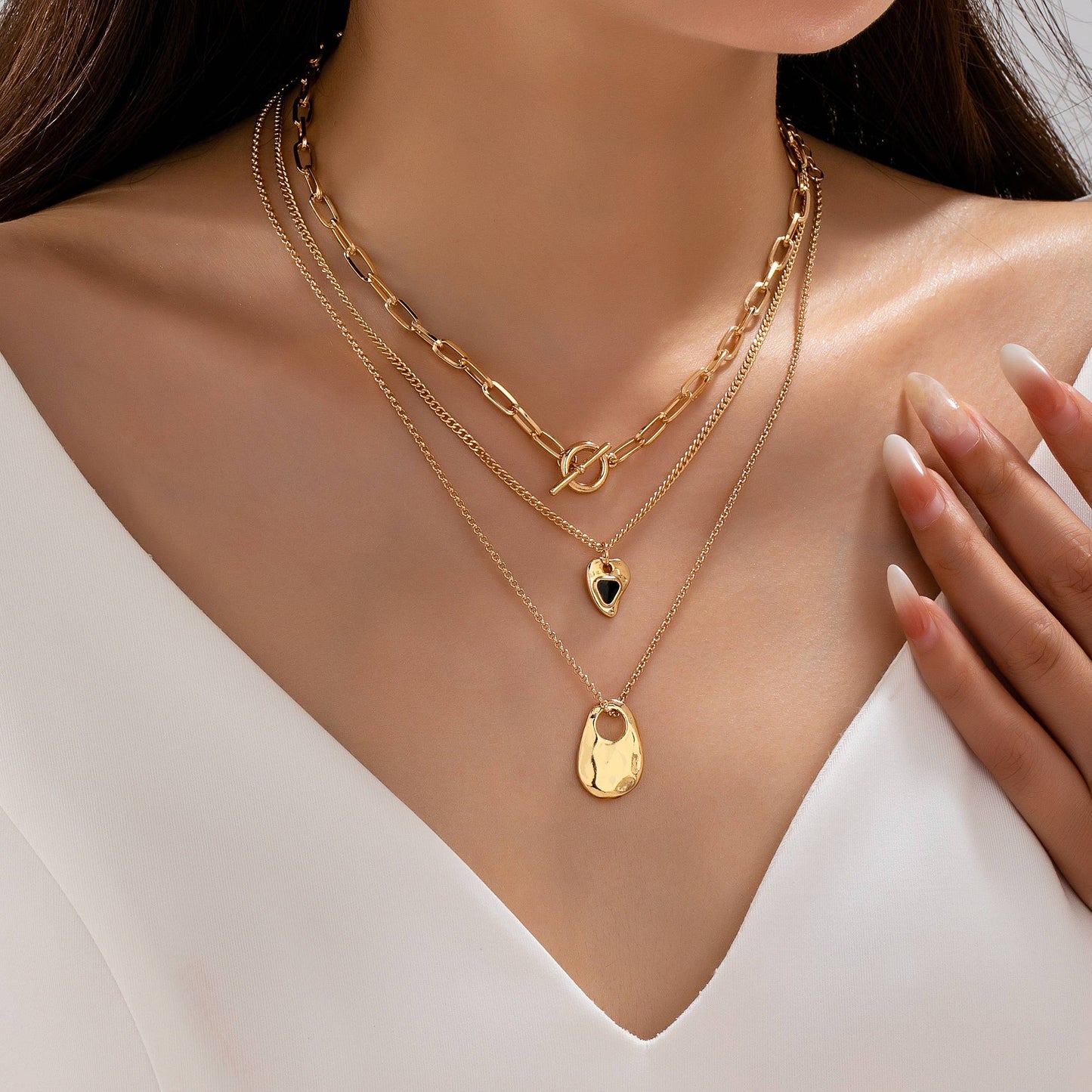 Multi-Layered Heart & Organic Drop Toggle Necklace