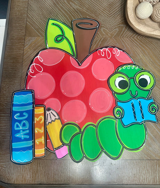 Teacher apple book worm door hanger