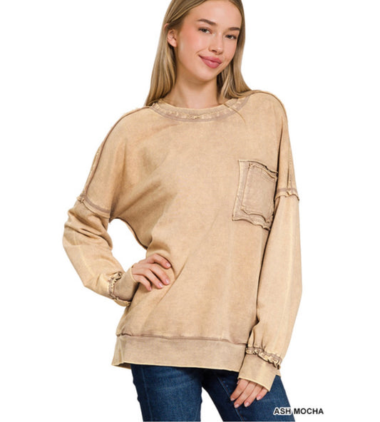 F/TERRY ACID WASH RAW EDGE FRONT POCKET PULLOVER
