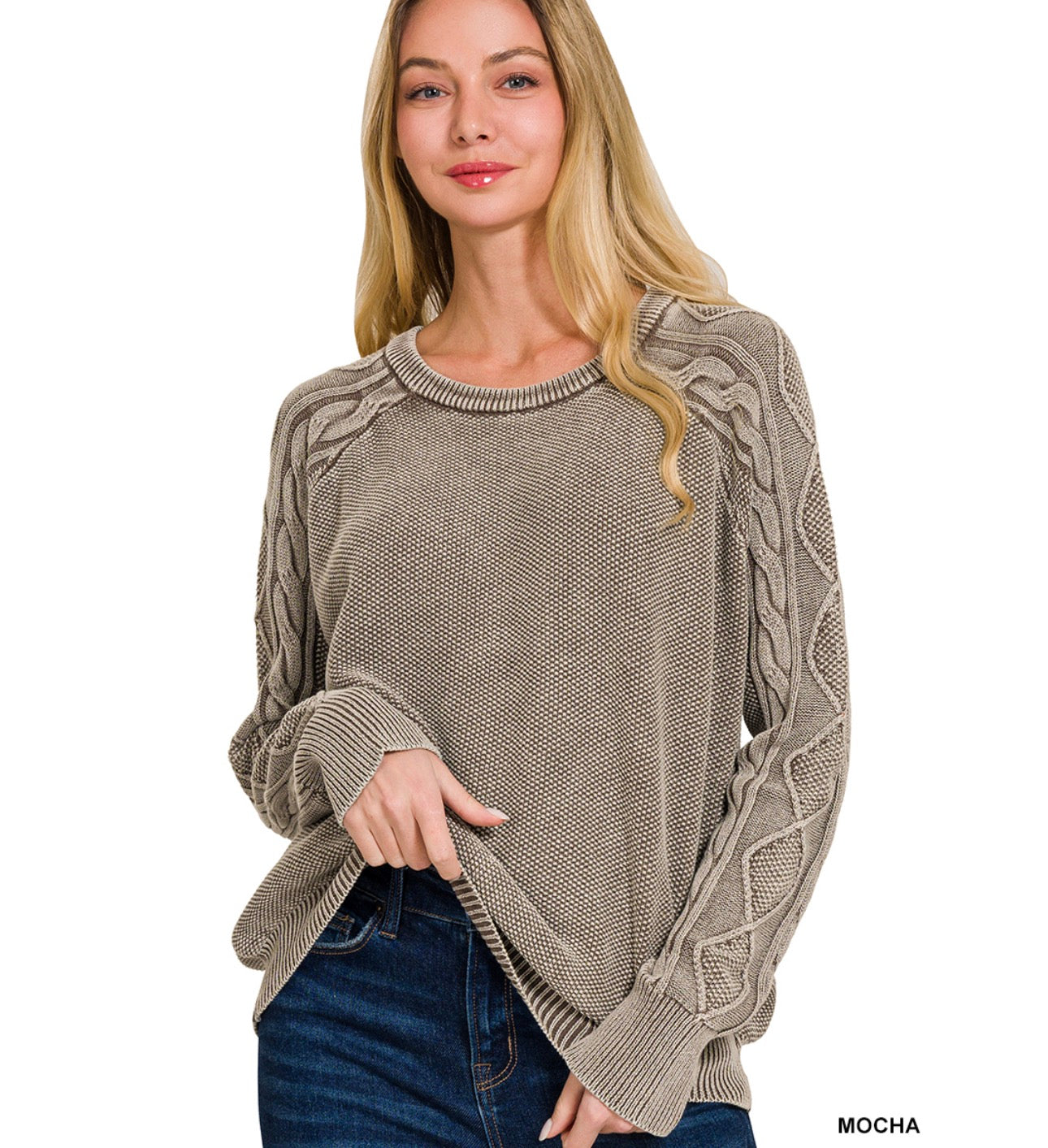 STONE WASHED CABLE-SLEEVE CREWNECK SWEATER