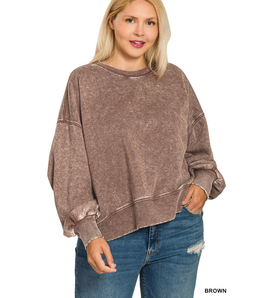 PLUS ACID WASH OVERSIZED FLEECE PULLOVER