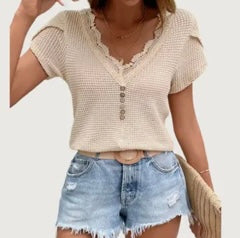 Waffle Knit V Neck Button Top
