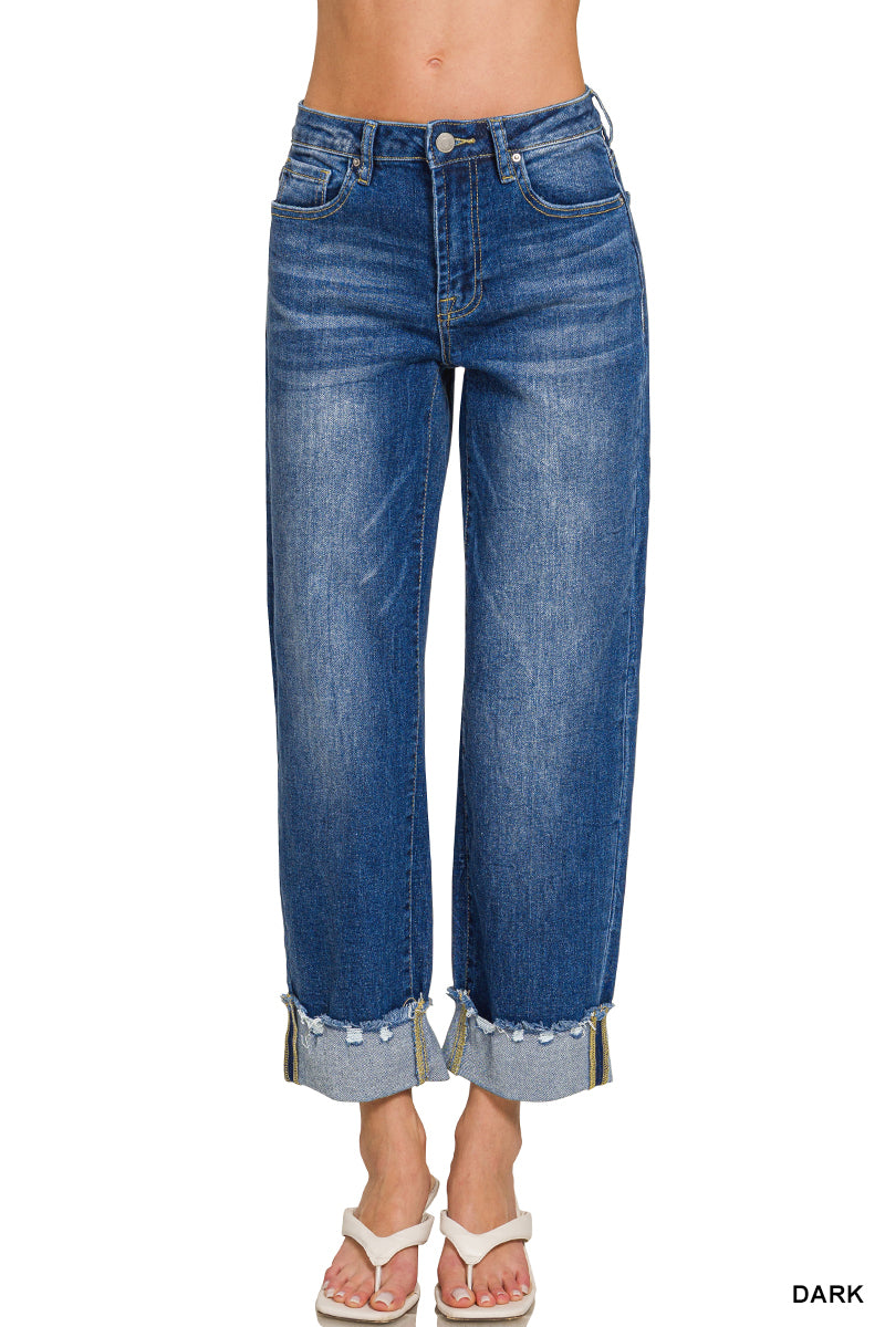 WIDE CUFFED RAW HEM DENIM PANTS
