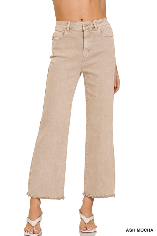 ACID WASHED HIGH WAIST FRAYED HEM BOOTCUT PANTS