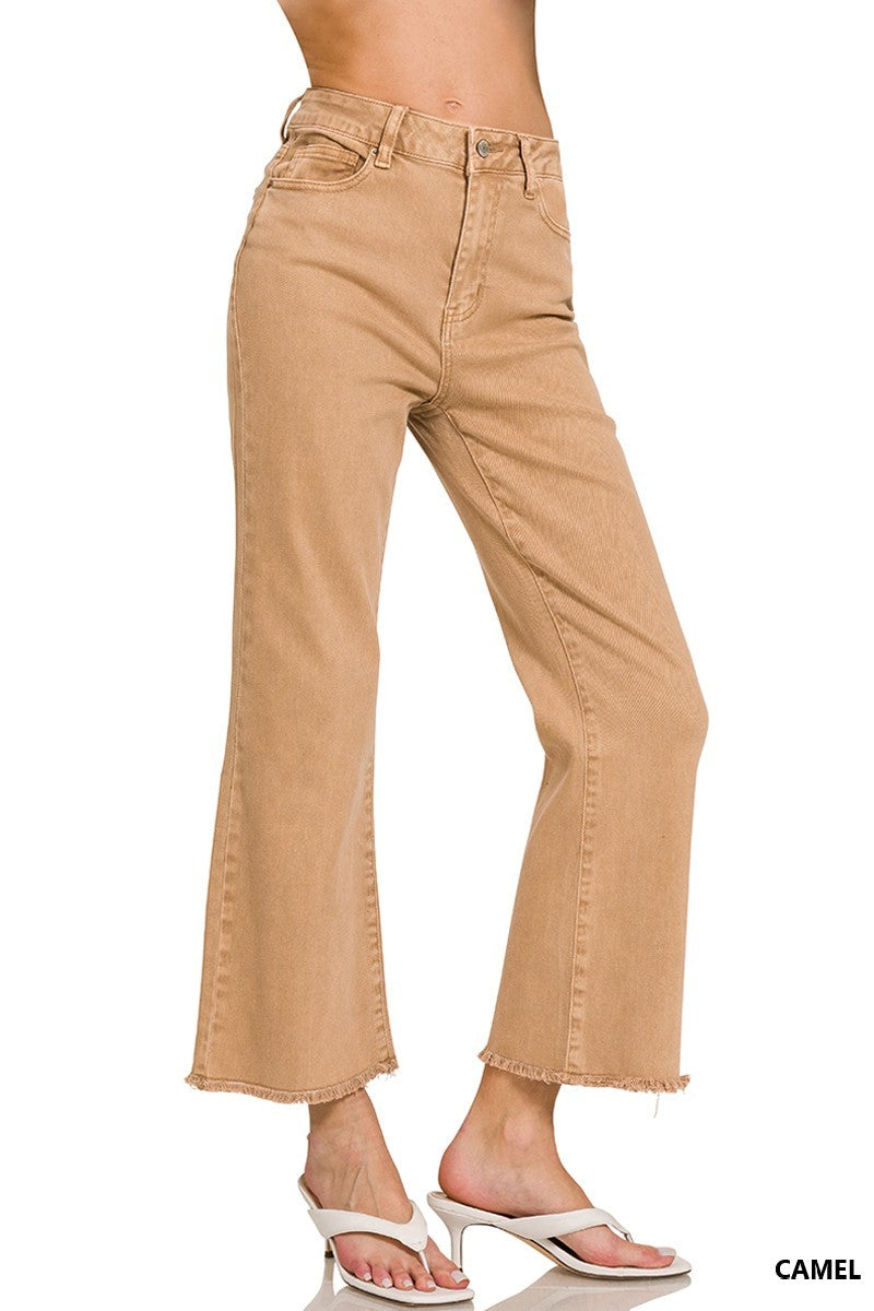 ACID WASHED HIGH WAIST FRAYED HEM BOOTCUT PANTS