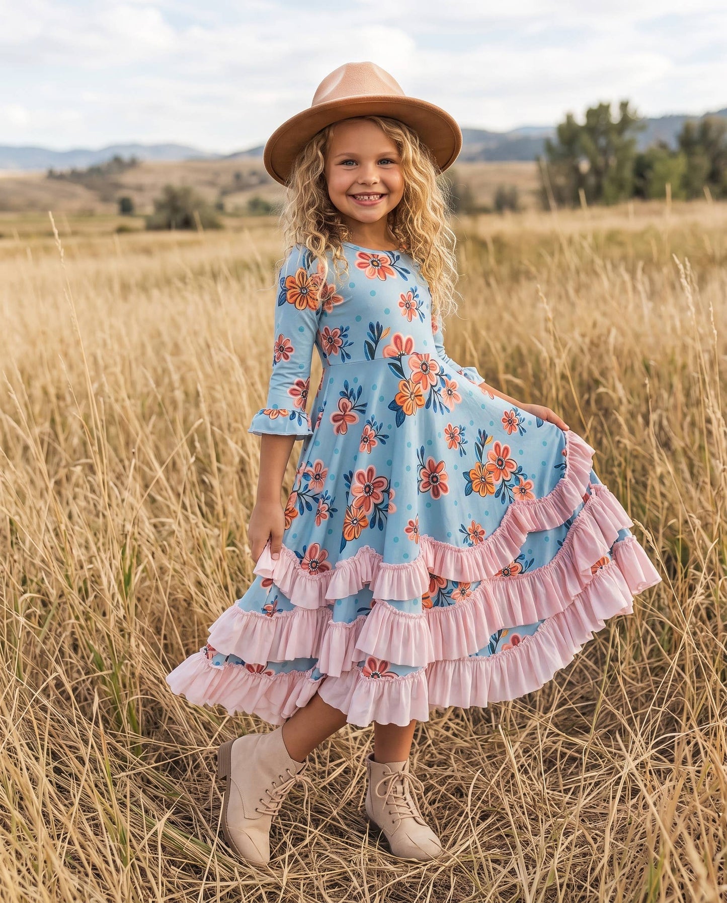 Girls Bella Blue & Blush Winter Garden Twirl Ruffles Dress