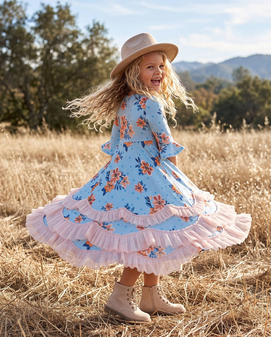 Girls Bella Blue & Blush Winter Garden Twirl Ruffles Dress