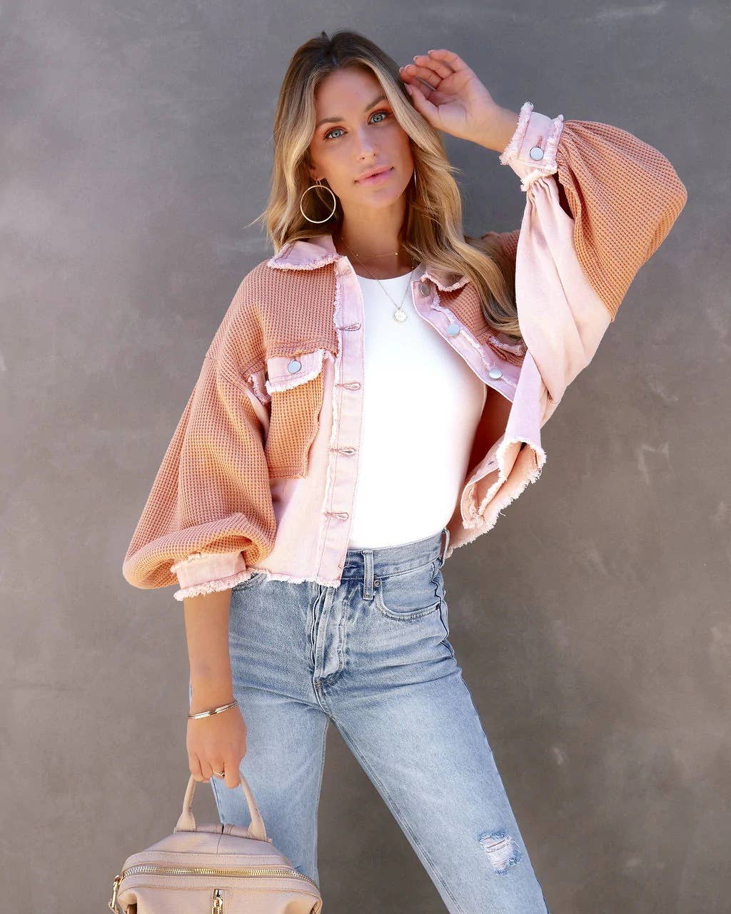 Long-sleeved patchwork waffle washed brushed coat