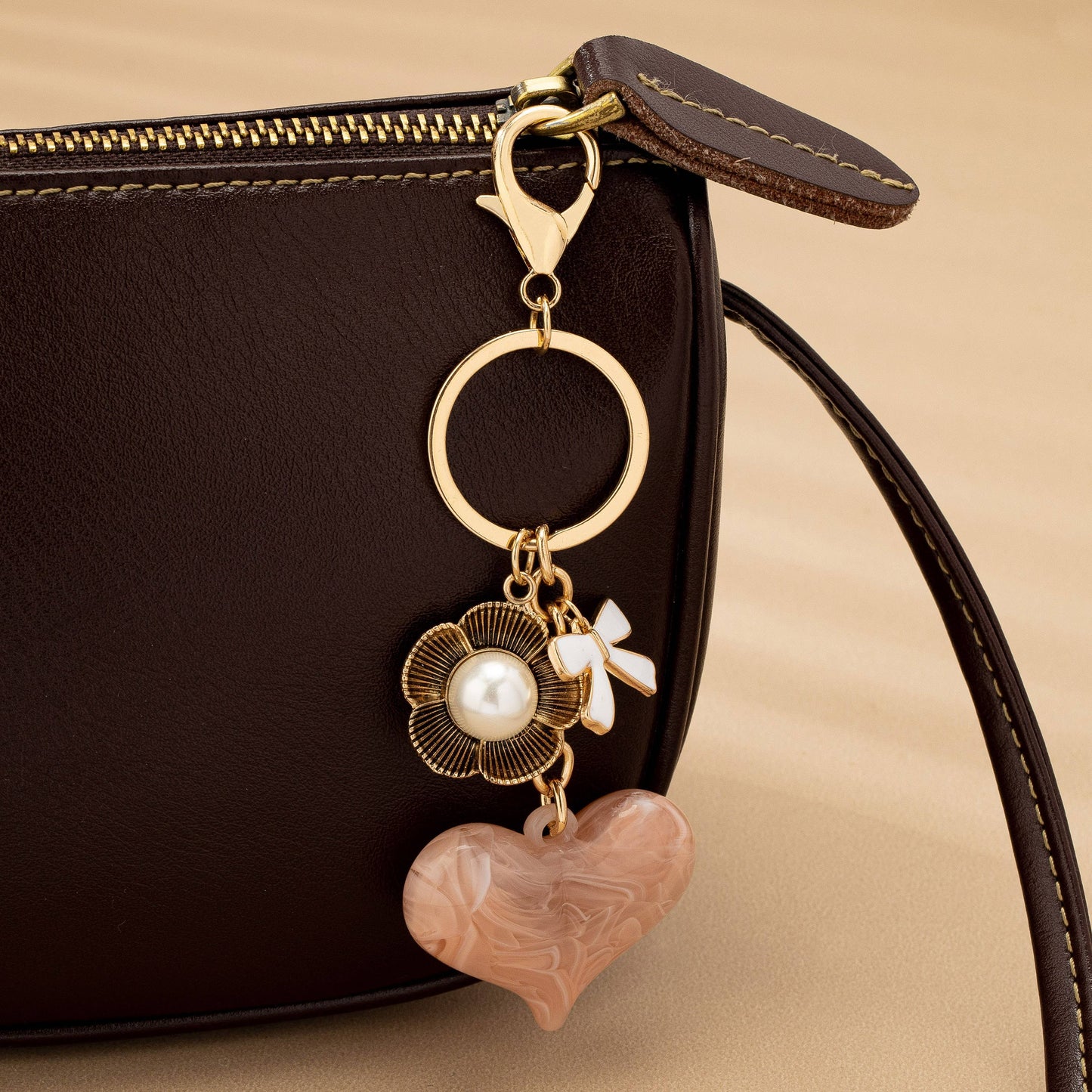 BAG CHARM KEY CHAIN-SWIRL HEART PERAL FLORAL BOW