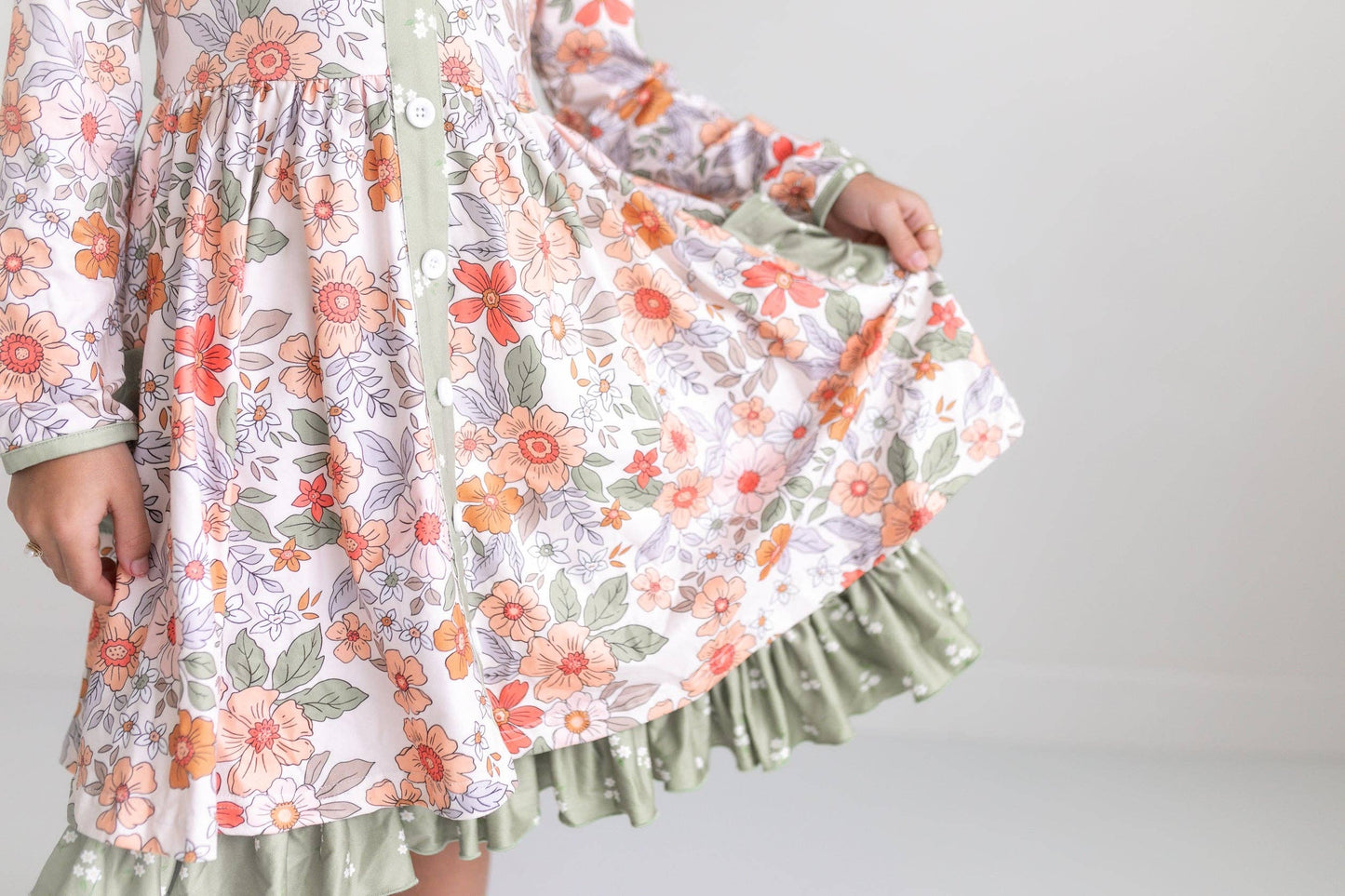 Kids Sage & Rust Fall Floral Button Dress With Pockets