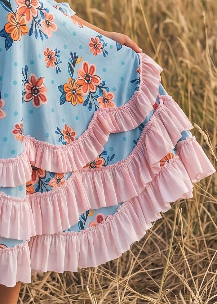 Girls Bella Blue & Blush Winter Garden Twirl Ruffles Dress